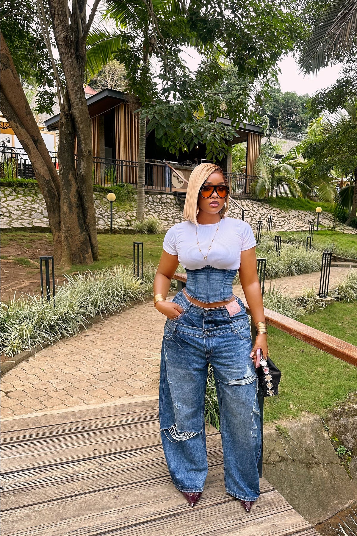 Double waist denim pants