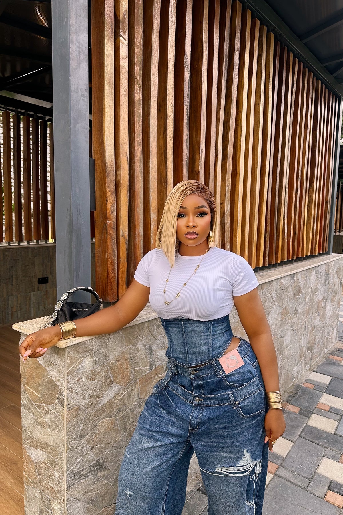 Double waist denim pants