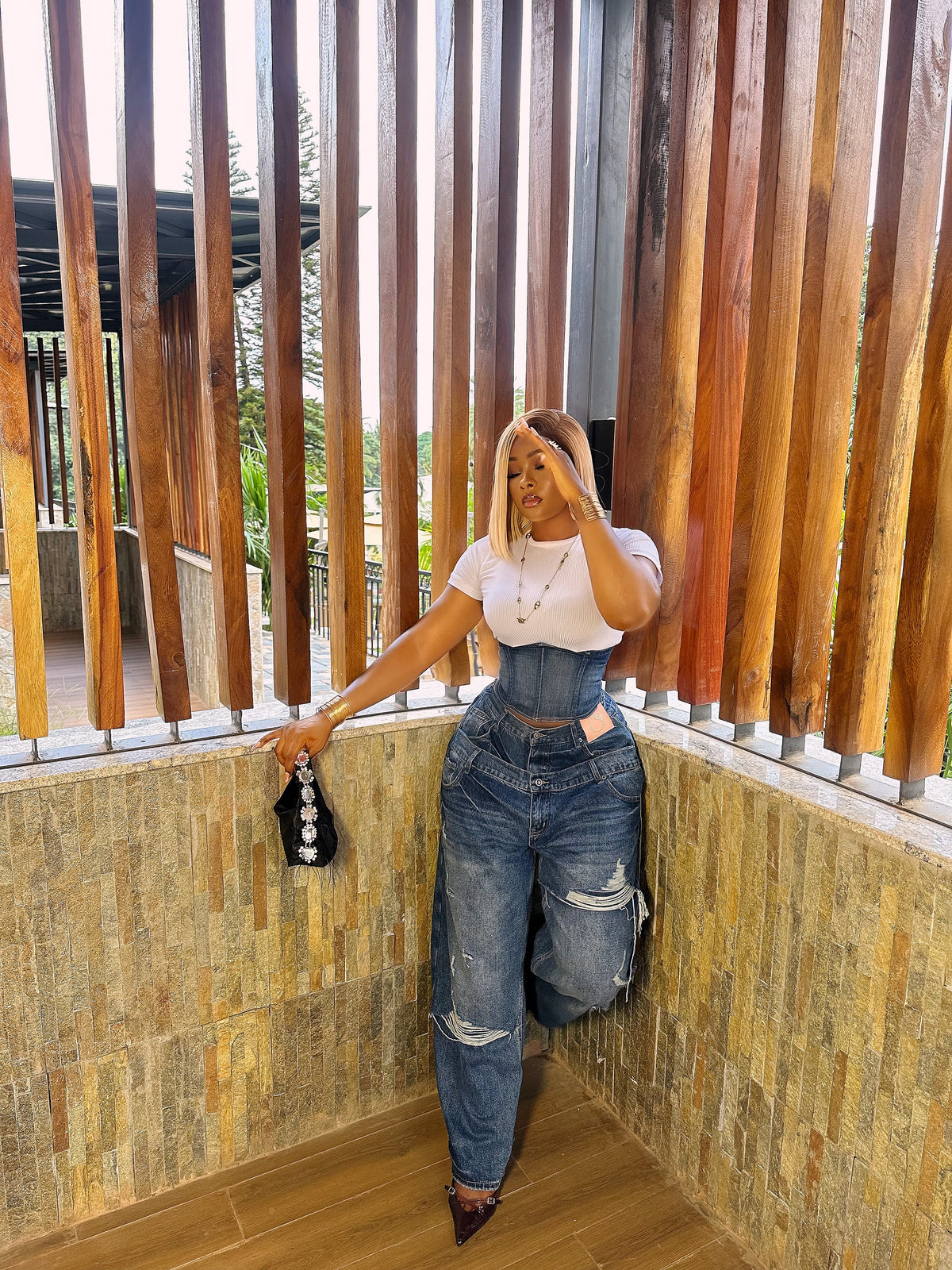 Double waist denim pants