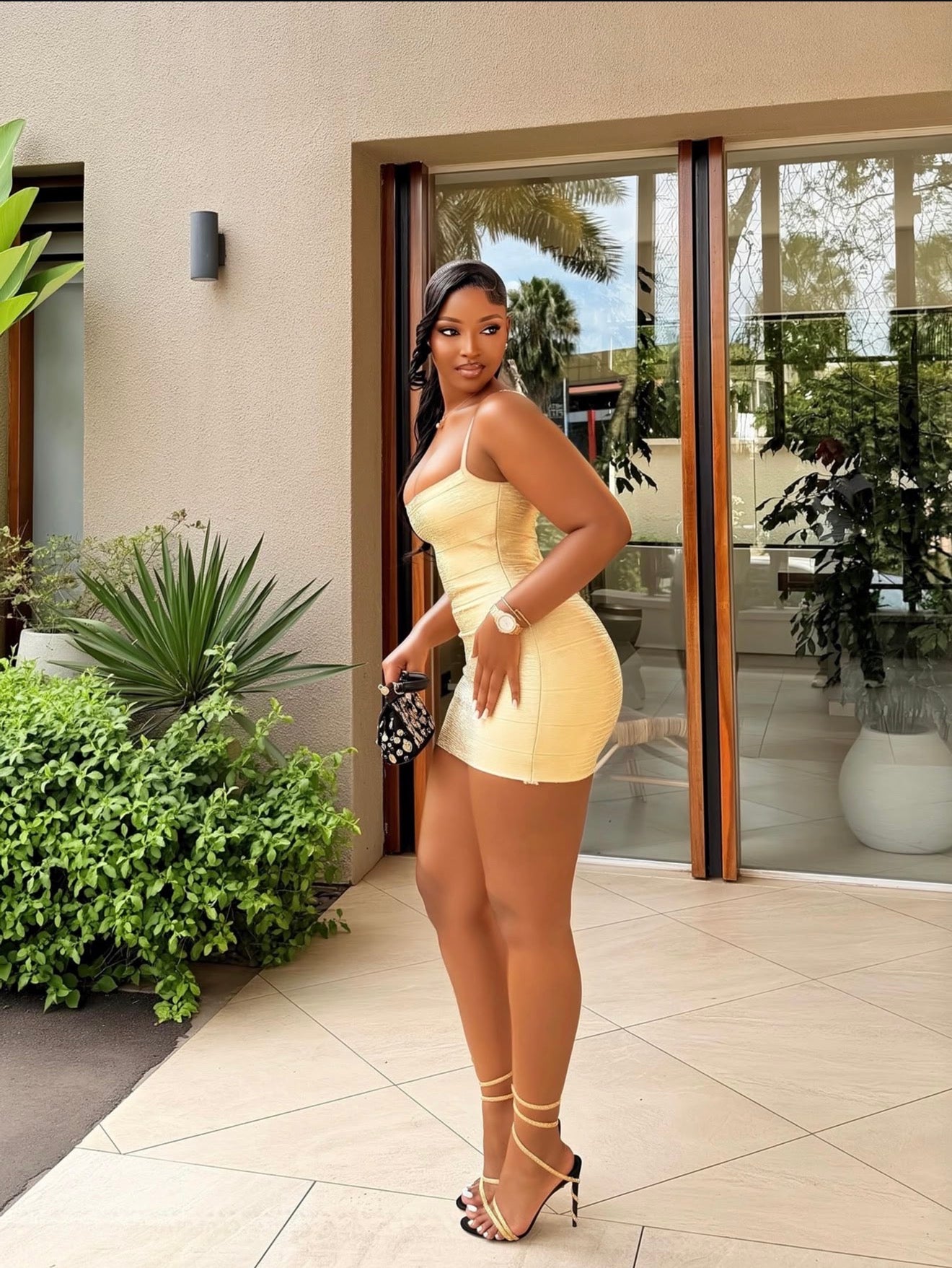 Metallic strappy bandage dress