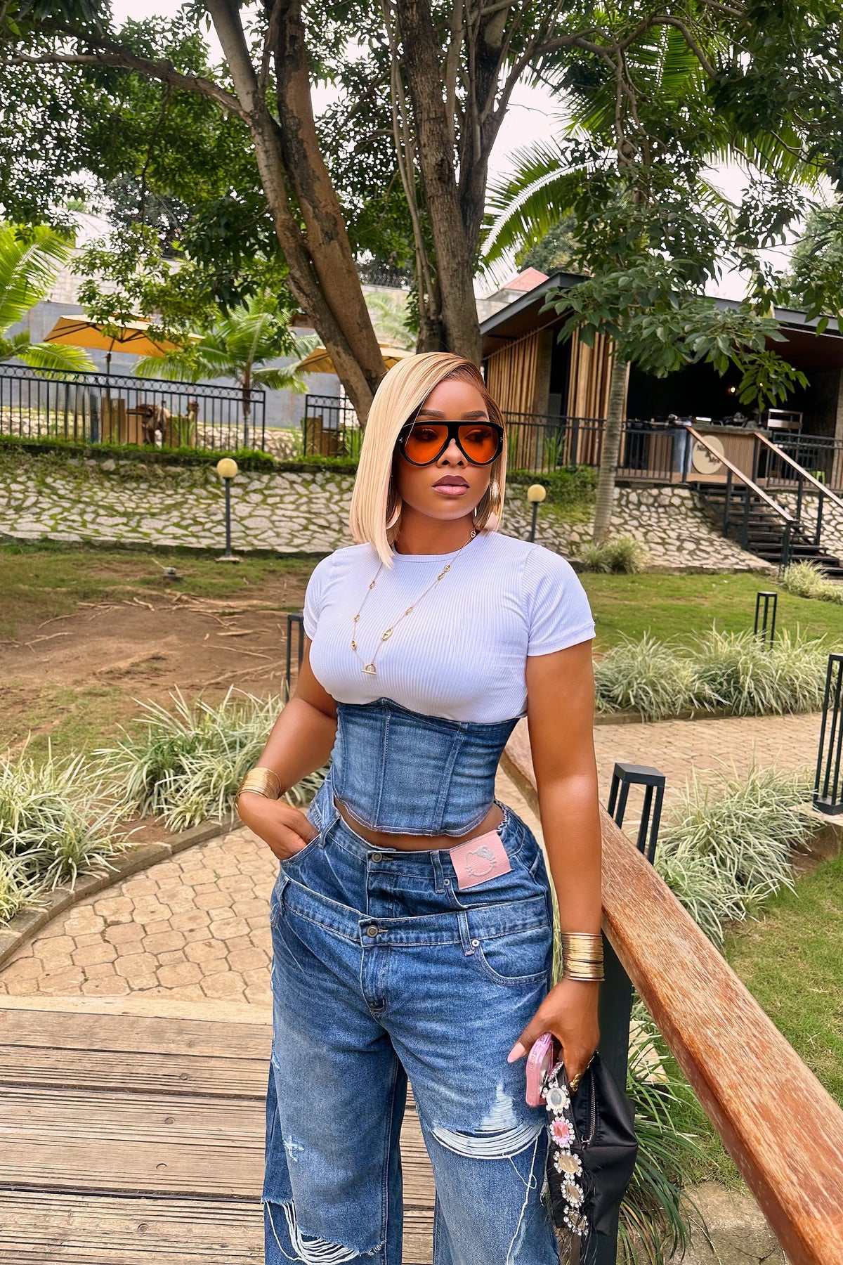 Double waist denim pants