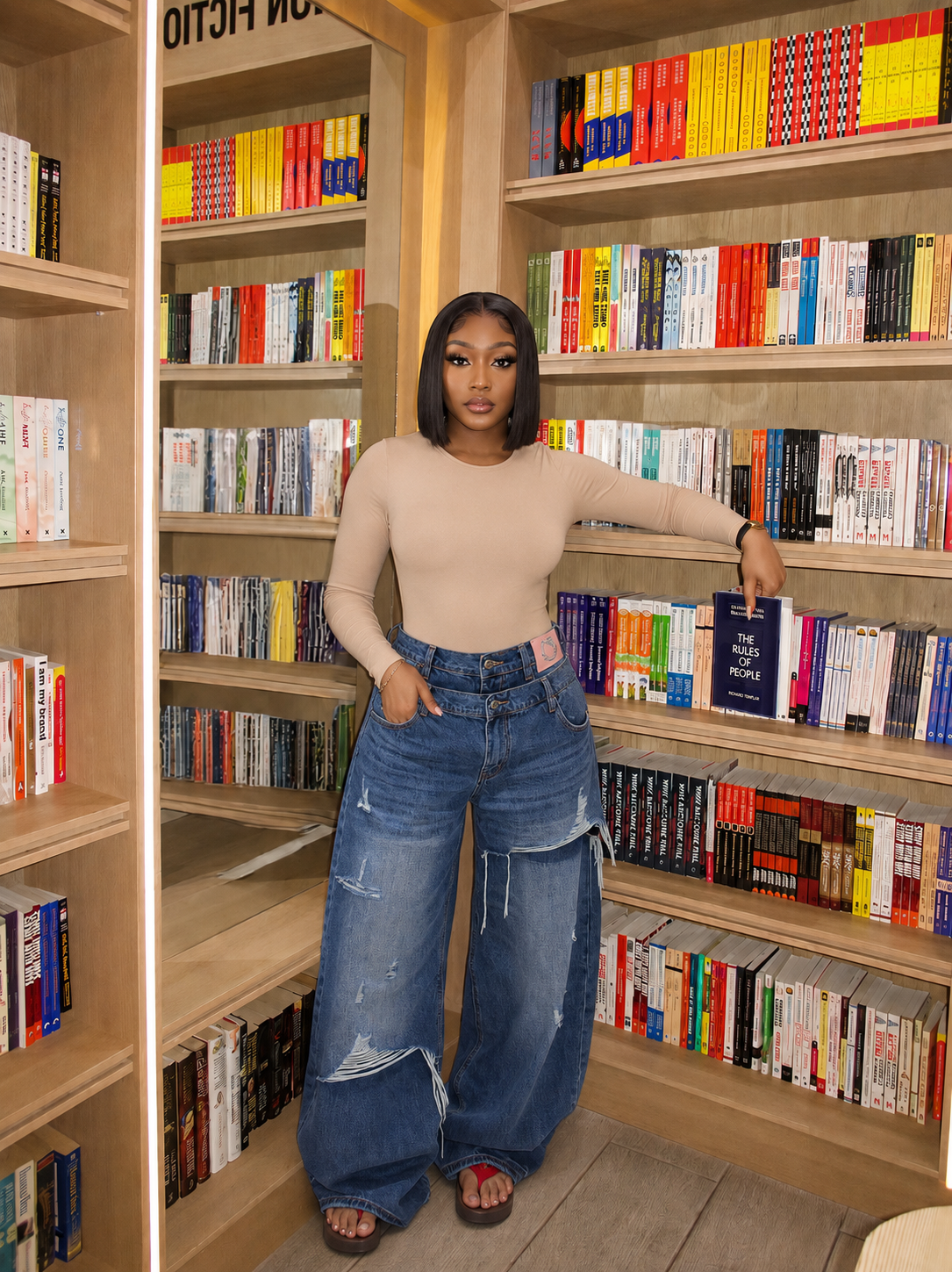 Double waist denim pants